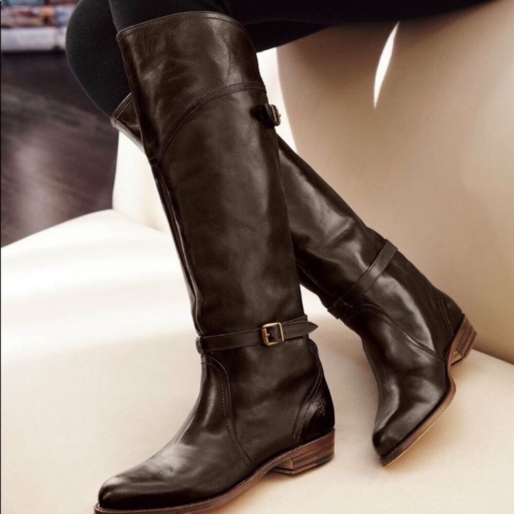 Frye Dorado Polished Genuine Leather Bordeaux/Light Red Knee High Riding Boots - Picture 16 of 16